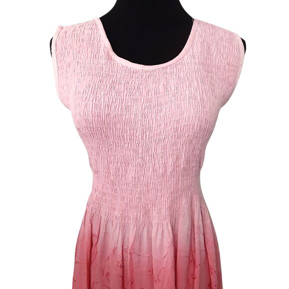 Pink Smocked Sun Dress Soutache Applique Maxi Beach Cover Up Resort Dip Dye - Picture 4 of 10